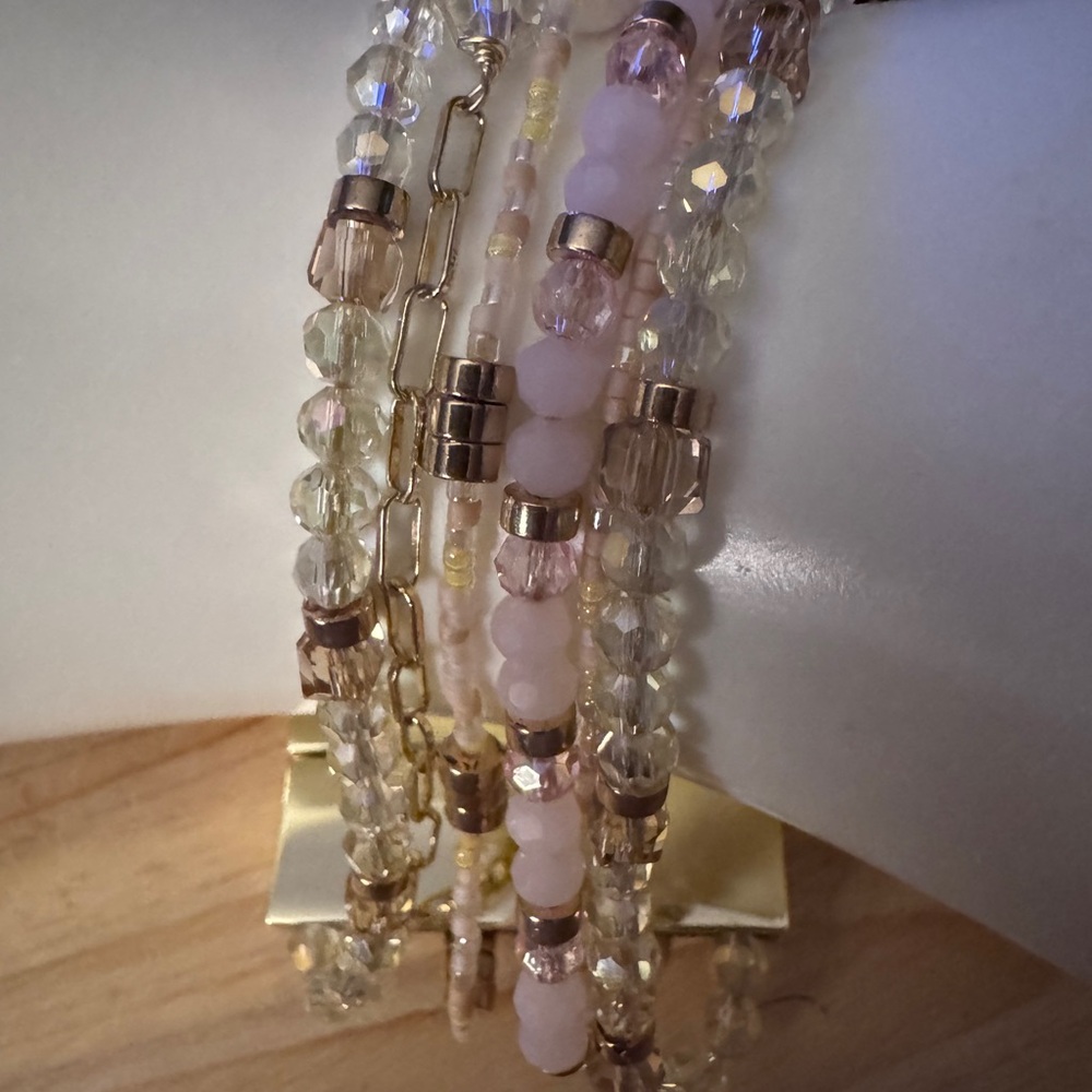 Pink, Crystal, and Gold Beaded, stack bracelet.